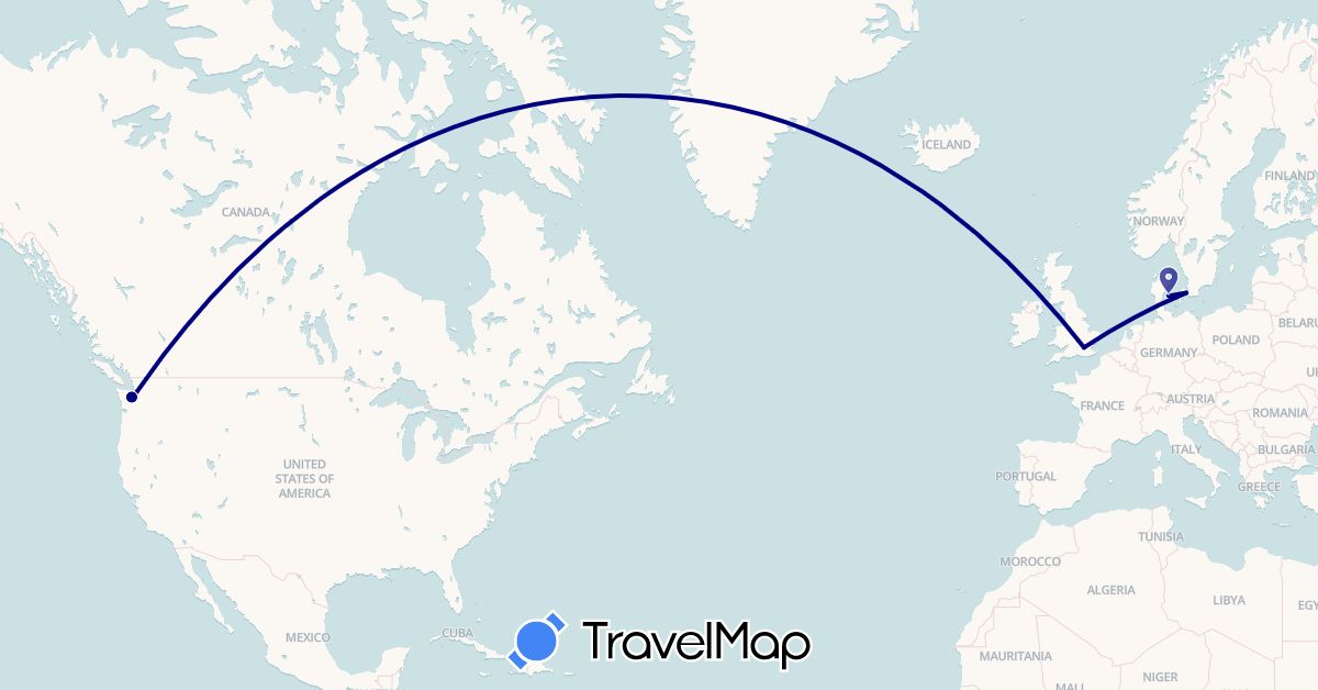 TravelMap itinerary: driving in Denmark, United Kingdom, United States (Europe, North America)